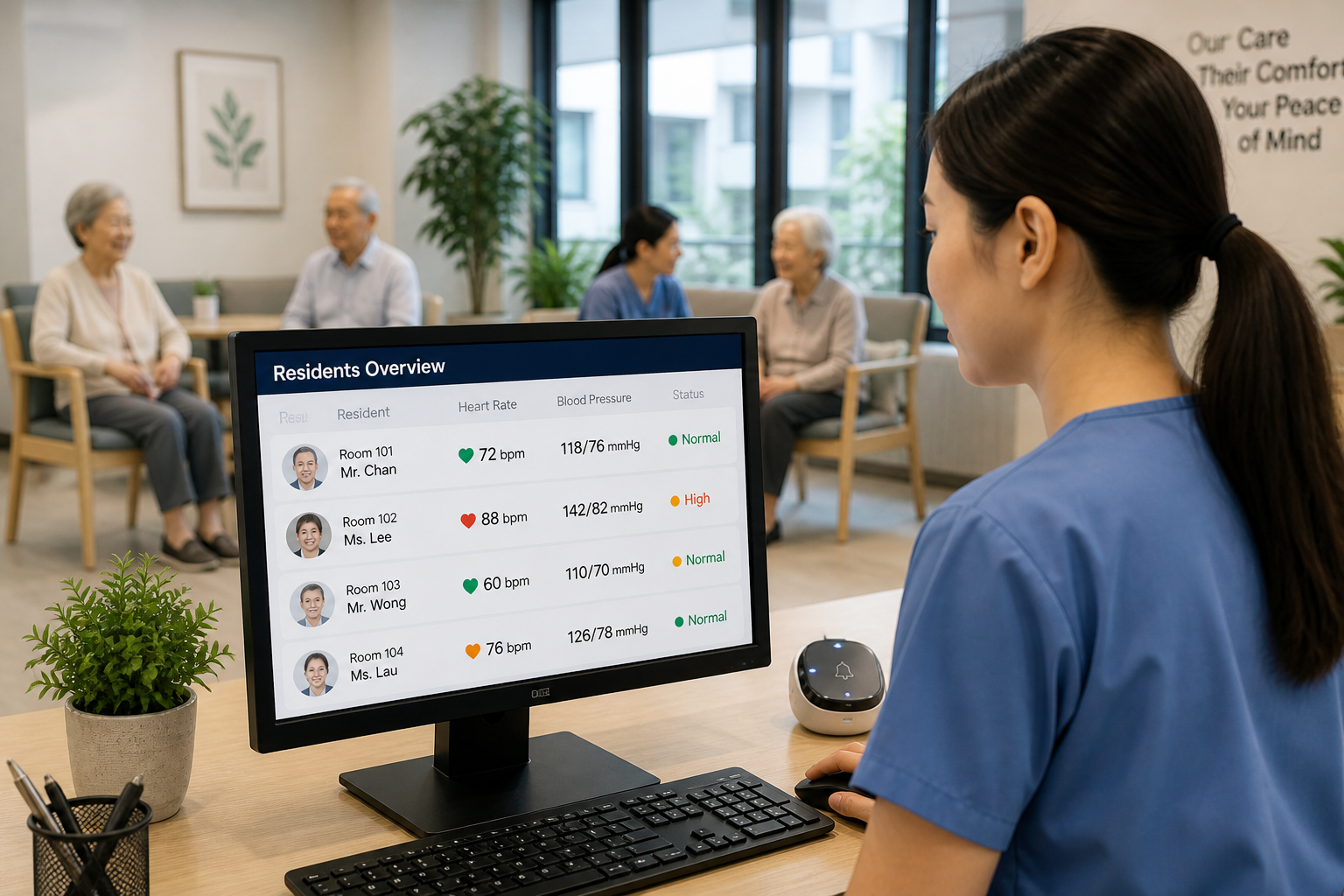 Care home nurse monitoring residents